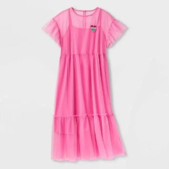 NEW Adult Short Sleeve Tulle A-Line Dress • Barbie Pink - Picture 4 of 5